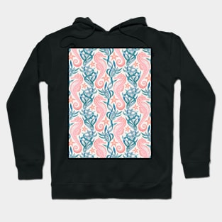 Pastel Pink Seahorse and Starfish with Blue Seaweed Pattern Hoodie